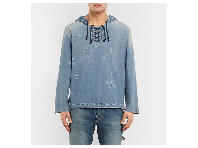Felpa con cappuccio in denim distressed Saint Laurent Paris Blu - vista 6
