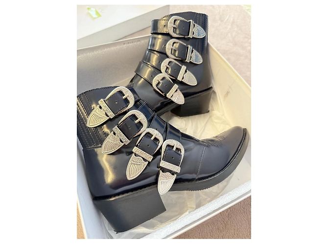 Toga Pulla Botas de tobillo negras de cuero con hebillas plateadas Negro - vista 3