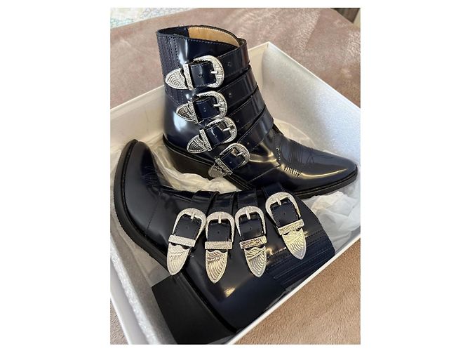 Toga Pulla Botas de tobillo negras de cuero con hebillas plateadas Negro - vista 9