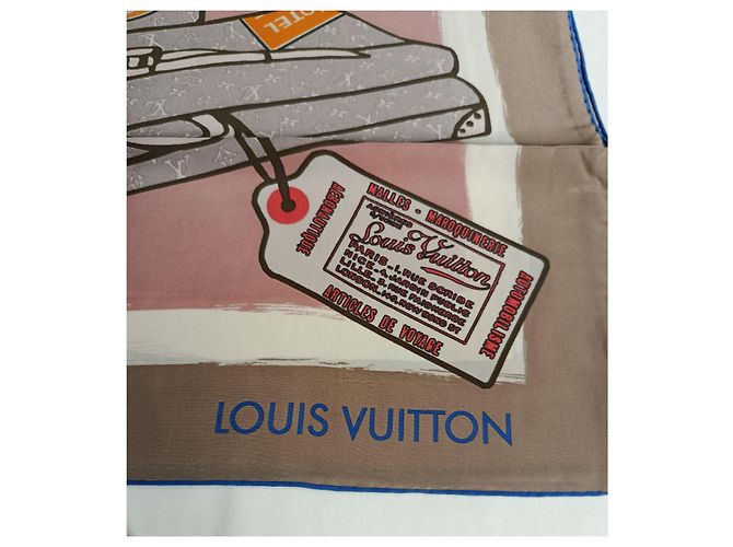 Foulard in seta Louis Vuitton Tema Viaggio Marrone Rosa Bianco Blu Beige - vista 2