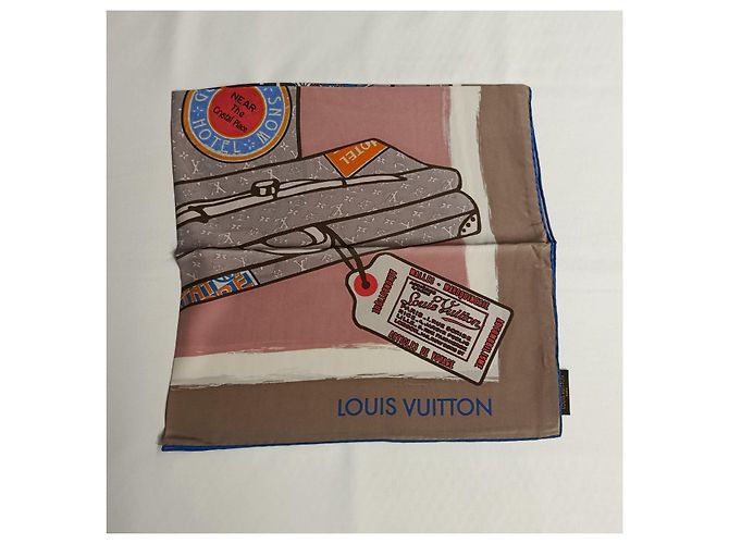 Foulard in seta Louis Vuitton Tema Viaggio Marrone Rosa Bianco Blu Beige - vista 3