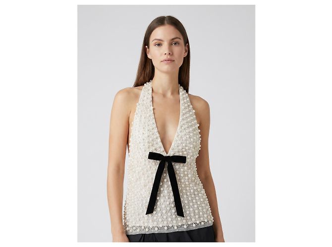 For Love & Lemons Top Pearly bow halter blanc Crudo - vista 2