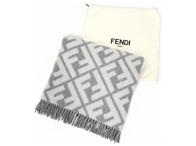 Fendi Gray Alpaca Wool Blend FF Logo Blanket Brown - view 2