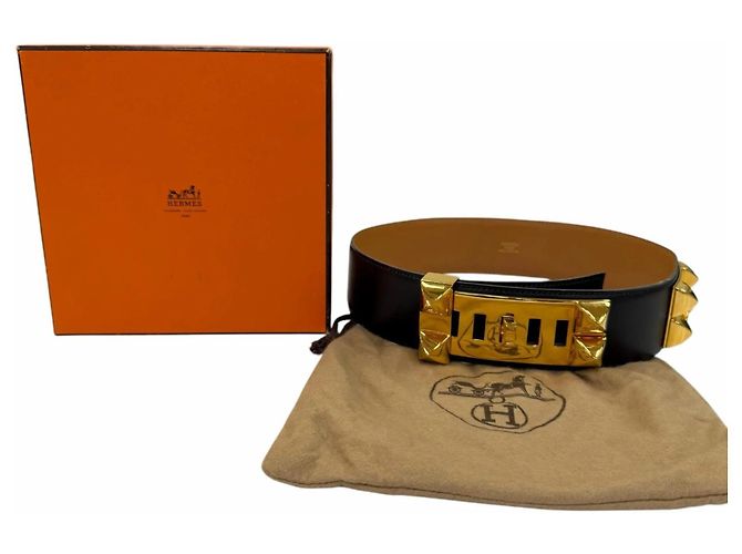 Hermès Hermes Vintage Collier de Chien 50 Ledergürtel Schwarz Golden - Ansicht 2