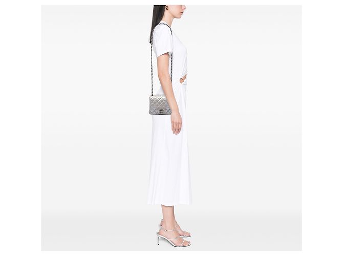 Chanel Mini Square Classic Marrone Lambskin Metallizzato con Patta Singola Taupe - vista 7