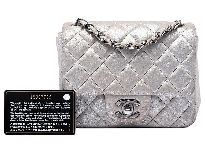 Chanel Mini Square Classic Marrone Lambskin Metallizzato con Patta Singola Taupe - vista 8