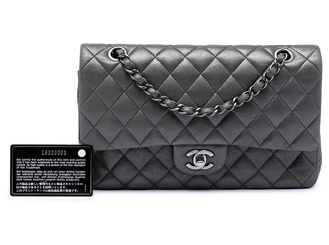 Chanel Gray Medium Classic Iridescent Lambskin Double Flap Marrone Grigio antracite - vista 8