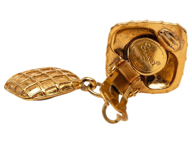 Orecchini Chanel Gold Gold Plated Quilted Diamond Shape Strass Drop Clip On D'oro - vista 3