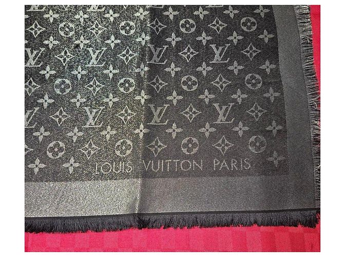 Louis Vuitton Monogram Schal Schwarz Lurex Grau Silber Hardware - Ansicht 3
