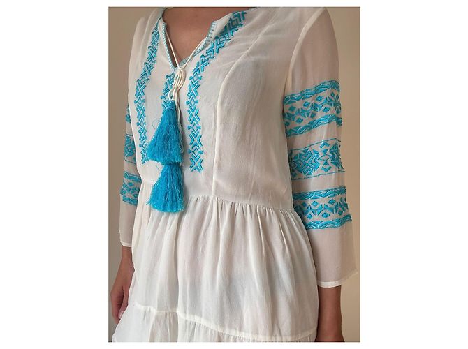Autre Marque Rococo Sand weißes besticktes Kleid mit Quasten Blau - Ansicht 3