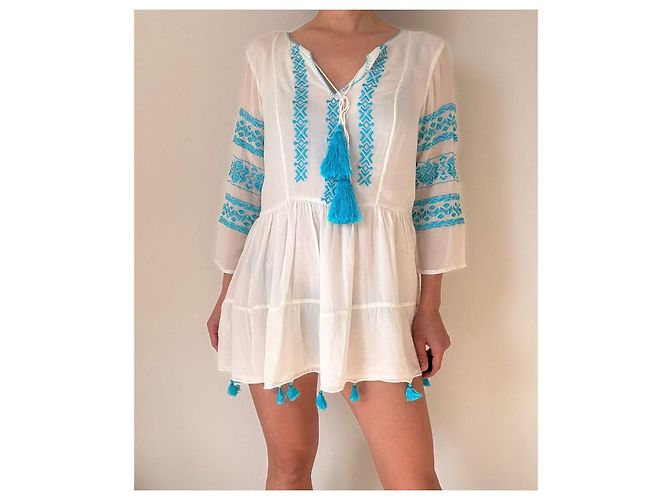 Autre Marque Rococo Sand weißes besticktes Kleid mit Quasten Blau - Ansicht 5