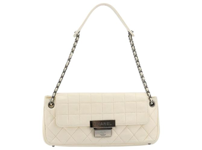 CHANEL Choco Bar Chain Shoulder Bag Lamb Skin White Silver CC Auth 177622 Argento Bianco - vista 13