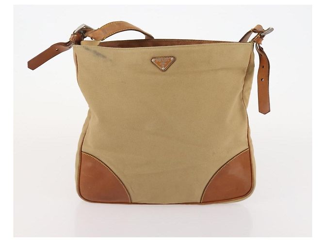 PRADA Schultertasche Canvas Nylon Leder 3er Set Braun Weiß Authentisch bs34891 - Ansicht 18