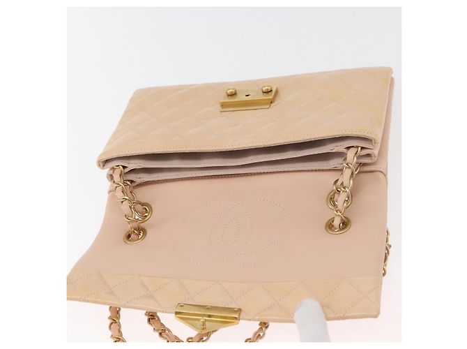 CHANEL Matelasse Chain Shoulder Bag Patent leather Beige Gold CC Auth 179868A D'oro - vista 10