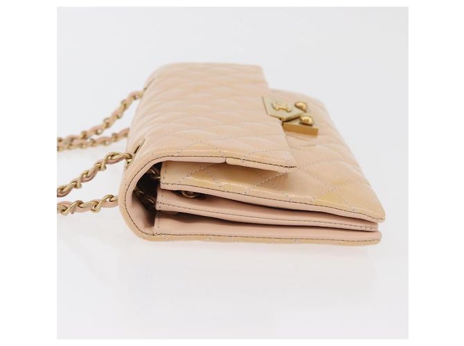 CHANEL Matelasse Chain Shoulder Bag Patent leather Beige Gold CC Auth 179868A D'oro - vista 5