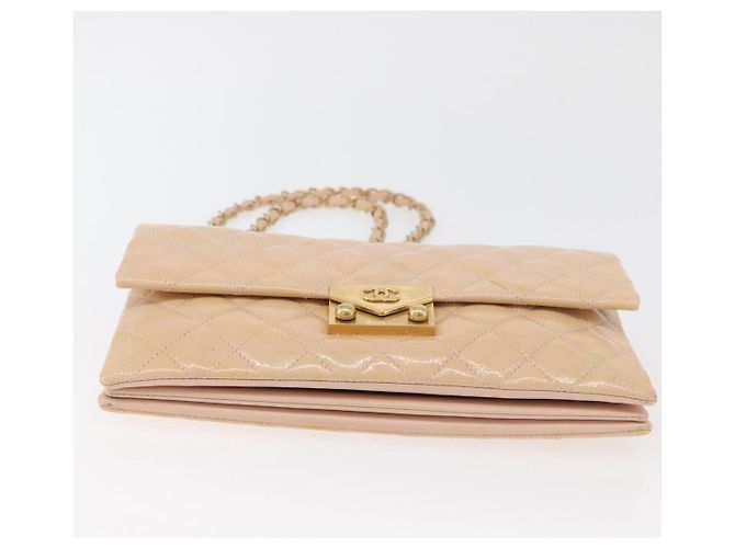 CHANEL Matelasse Chain Shoulder Bag Patent leather Beige Gold CC Auth 179868A D'oro - vista 6