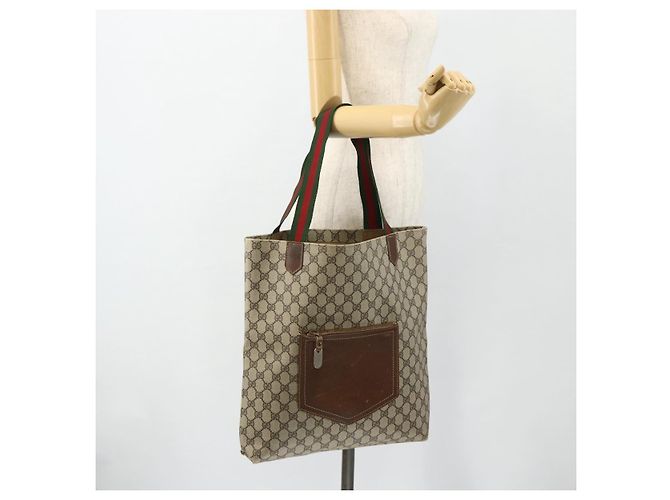 Borsa Tote GUCCI GG Supreme Web Sherry Line PVC Beige Oro Auth 178813 D'oro - vista 19