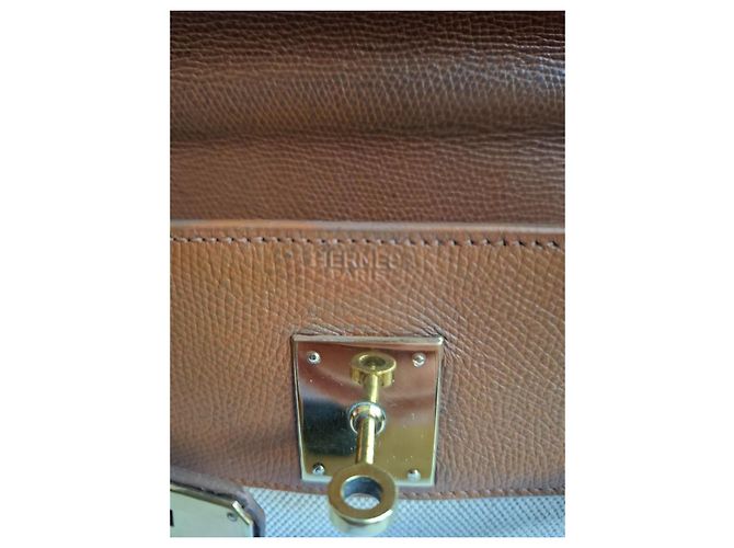 Borsa Hermès Kelly in pelle e tela Marrone Bianco Crudo Cammello - vista 3