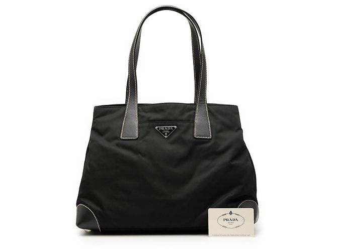 Borsa shopper tote Prada in Tessuto nero con bordi in Saffiano - vista 7