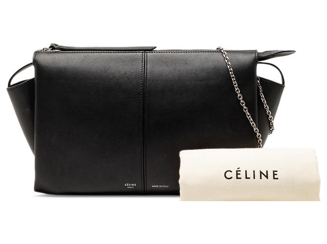 Céline Clutch de couro preto com aba sanfonada e corrente Celine - vista 8