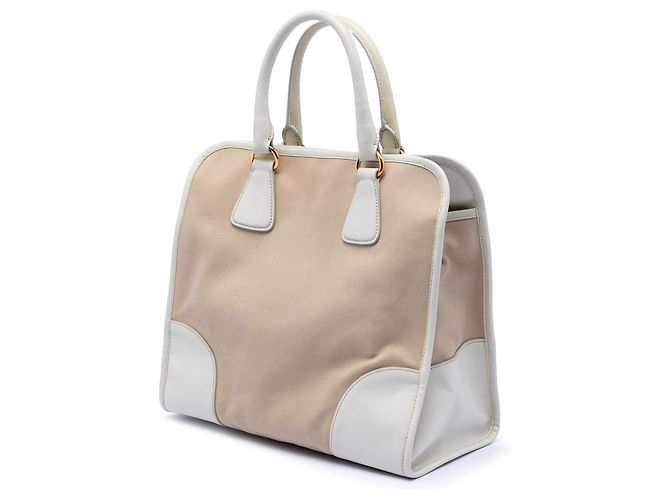 Borsa Prada Beige Saffiano Trimmed Canvas Canapa - vista 2