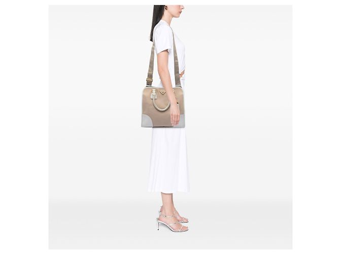 Borsa Prada Beige Saffiano Trimmed Canvas Canapa - vista 7
