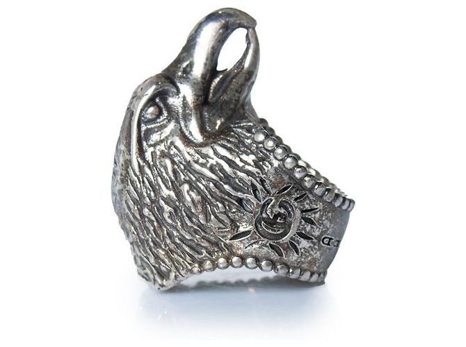 Gucci, anello testa d'aquila anger forest Argento Metallico - vista 4