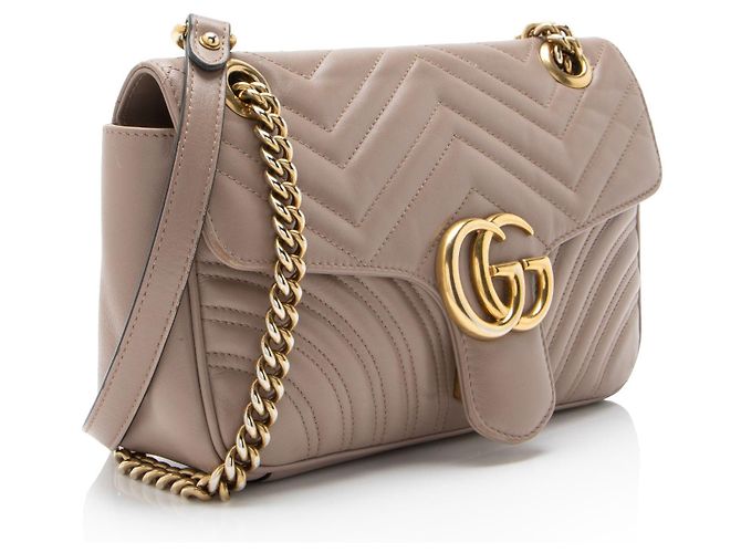 Borsa a patta media Gucci Matelasse Leather GG Marmont Marrone Beige - vista 2