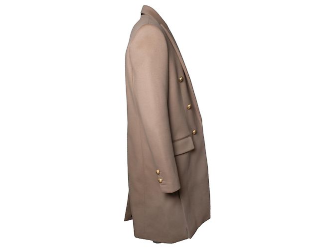 Balmain, beige wool overcoat with gold buttons Brown - view 3