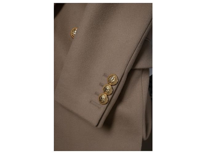 Balmain, beige wool overcoat with gold buttons Brown - view 6