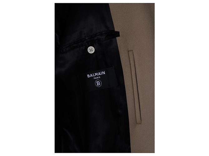 Balmain, beige wool overcoat with gold buttons Brown - view 7