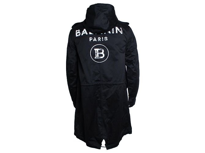 Balmain, Parka in cotone nero con cappuccio - vista 2