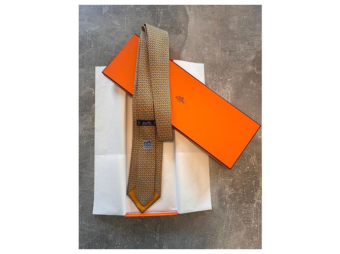 Cravatta in seta Hermès Les Chauves Souris Arancione Blu chiaro - vista 3
