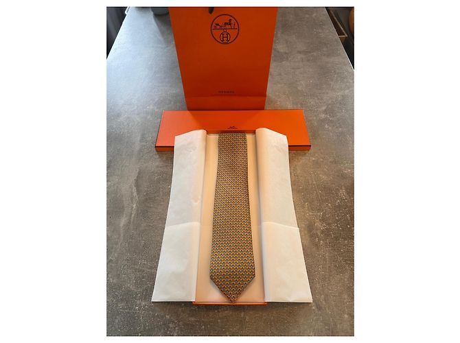 Cravatta in seta Hermès Les Chauves Souris Arancione Blu chiaro - vista 8