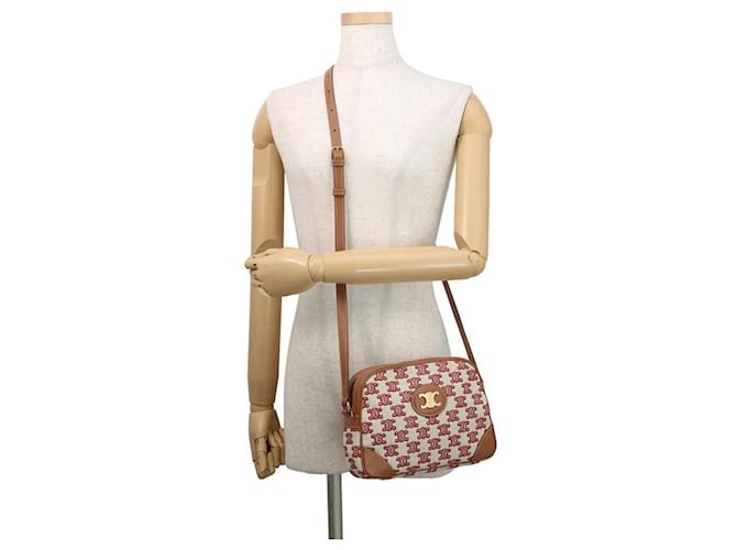 Céline Borsa a Spalla Celine Triomphe Canvas Leather Marrone Bianco Rosso - vista 4
