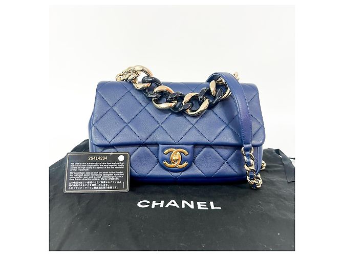 Chanel Resin Chain Top Handle Flap Quilted Lambskin Small Blu navy - vista 2