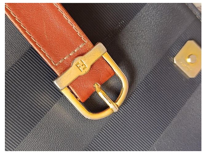 Fendi Borsa a Tracolla in Tela a Righe e Pelle Marrone Blu - vista 10