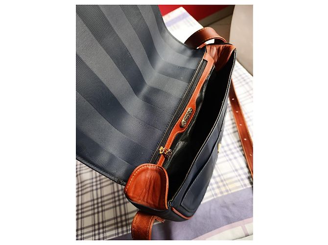Fendi Borsa a Tracolla in Tela a Righe e Pelle Marrone Blu - vista 11