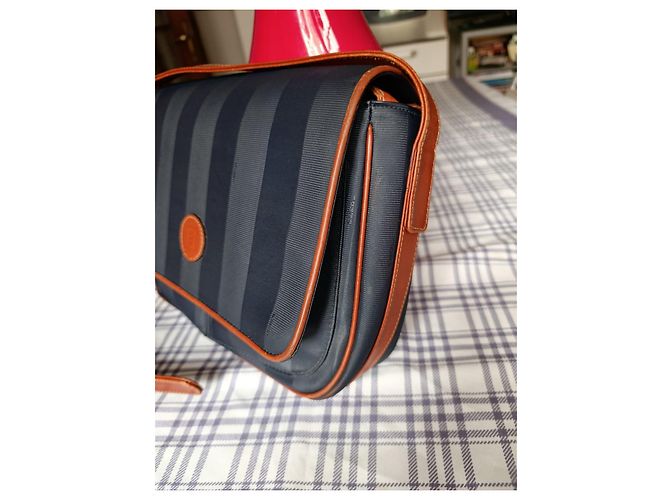 Fendi Borsa a Tracolla in Tela a Righe e Pelle Marrone Blu - vista 2