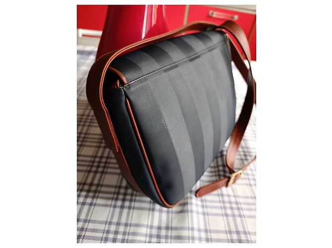 Fendi Borsa a Tracolla in Tela a Righe e Pelle Marrone Blu - vista 3