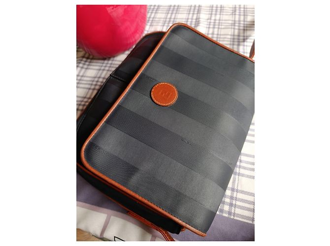 Fendi Borsa a Tracolla in Tela a Righe e Pelle Marrone Blu - vista 6