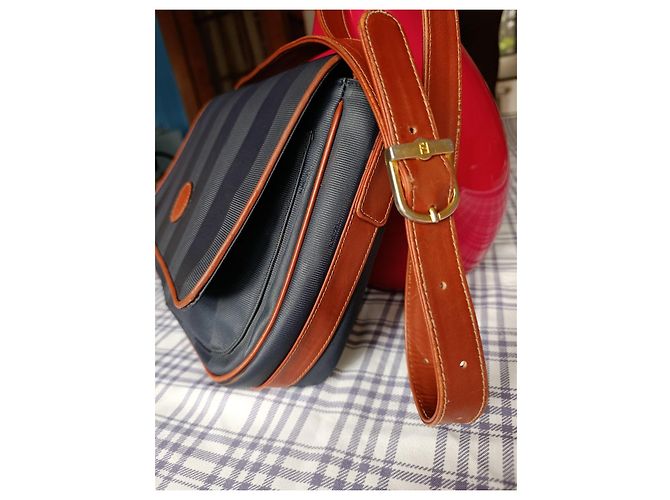 Fendi Borsa a Tracolla in Tela a Righe e Pelle Marrone Blu - vista 8