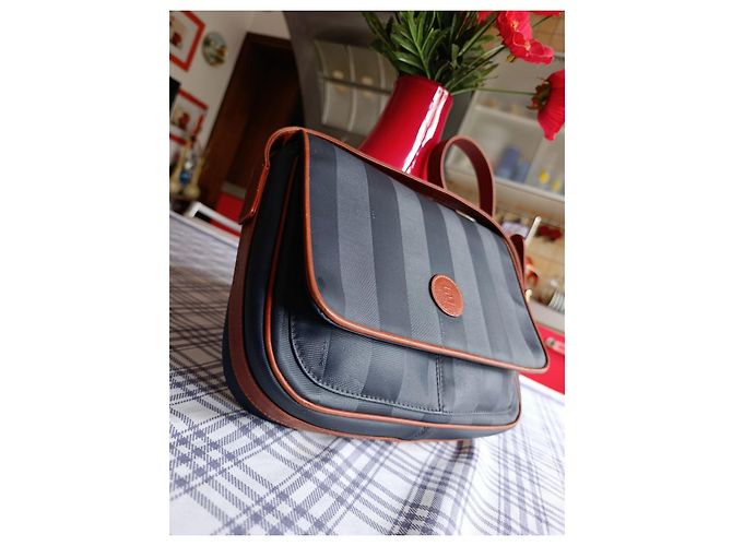 Fendi Borsa a Tracolla in Tela a Righe e Pelle Marrone Blu - vista 9