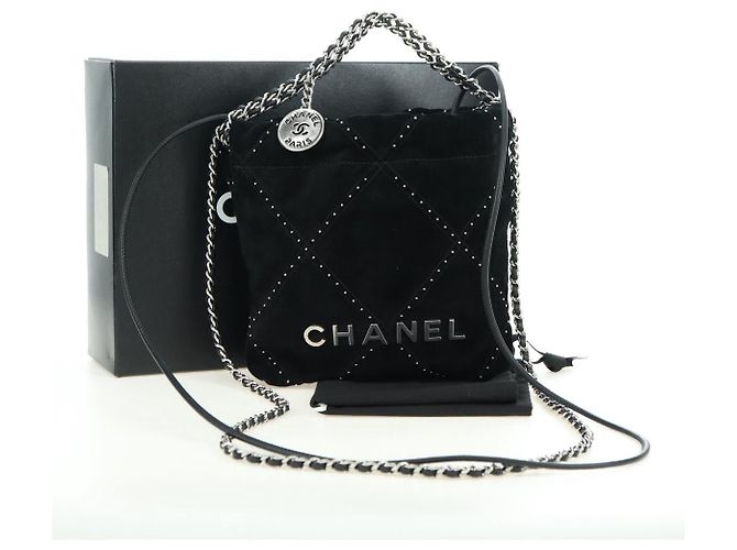 CHANEL 22 Borsa a Spalla con Cordino in Scamosciato Nero e Argento CC Auth BA12610SM - vista 12