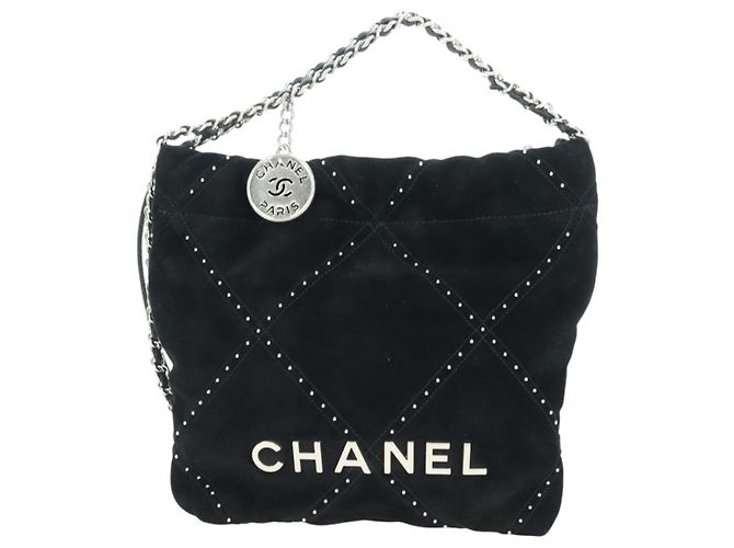CHANEL 22 Borsa a Spalla con Cordino in Scamosciato Nero e Argento CC Auth BA12610SM - vista 13