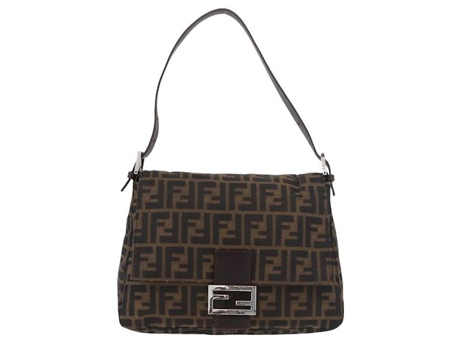 FENDI Zucca Canvas Mamma Baguette Shoulder Bag Black Brown Auth 179387V Marrone Nero - vista 13
