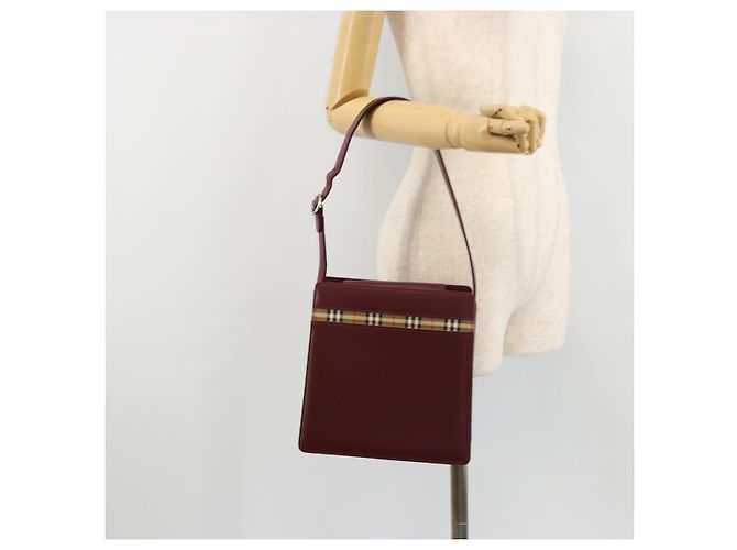 Borsa a Spalla BURBERRY Nova Check in Pelle Bordeaux Argento Auth ep14479 Bordò - vista 20