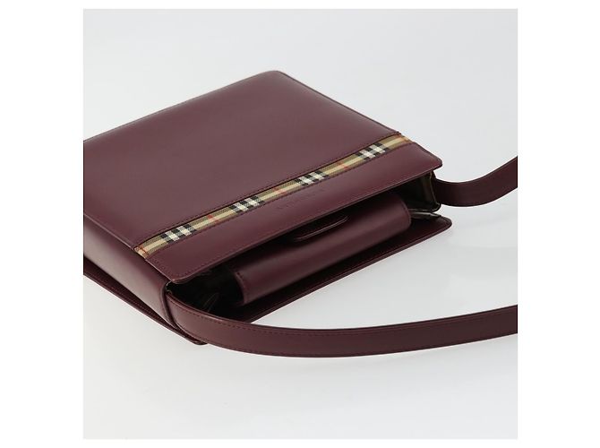 Borsa a Spalla BURBERRY Nova Check in Pelle Bordeaux Argento Auth ep14479 Bordò - vista 6