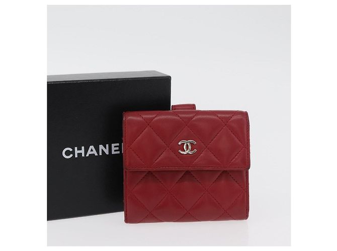 CHANEL Matelassé Compact Wallet Lammfell Rot Silber CC Authentisch 179886A - Ansicht 12