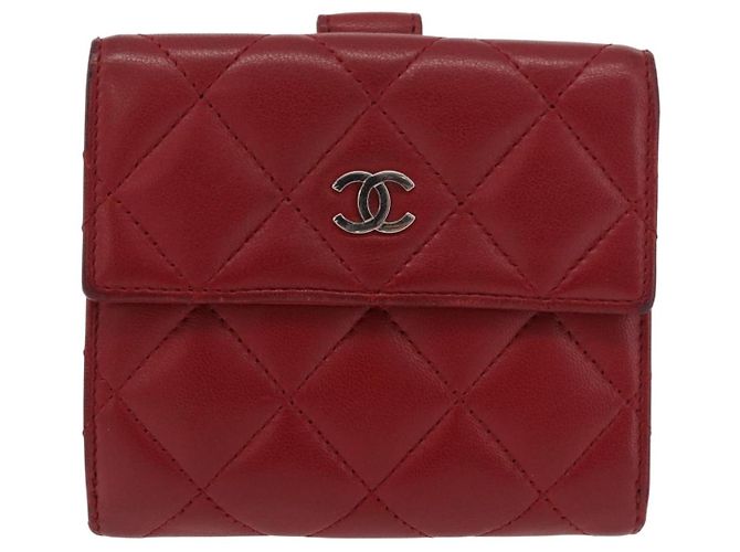 CHANEL Matelassé Compact Wallet Lammfell Rot Silber CC Authentisch 179886A - Ansicht 13